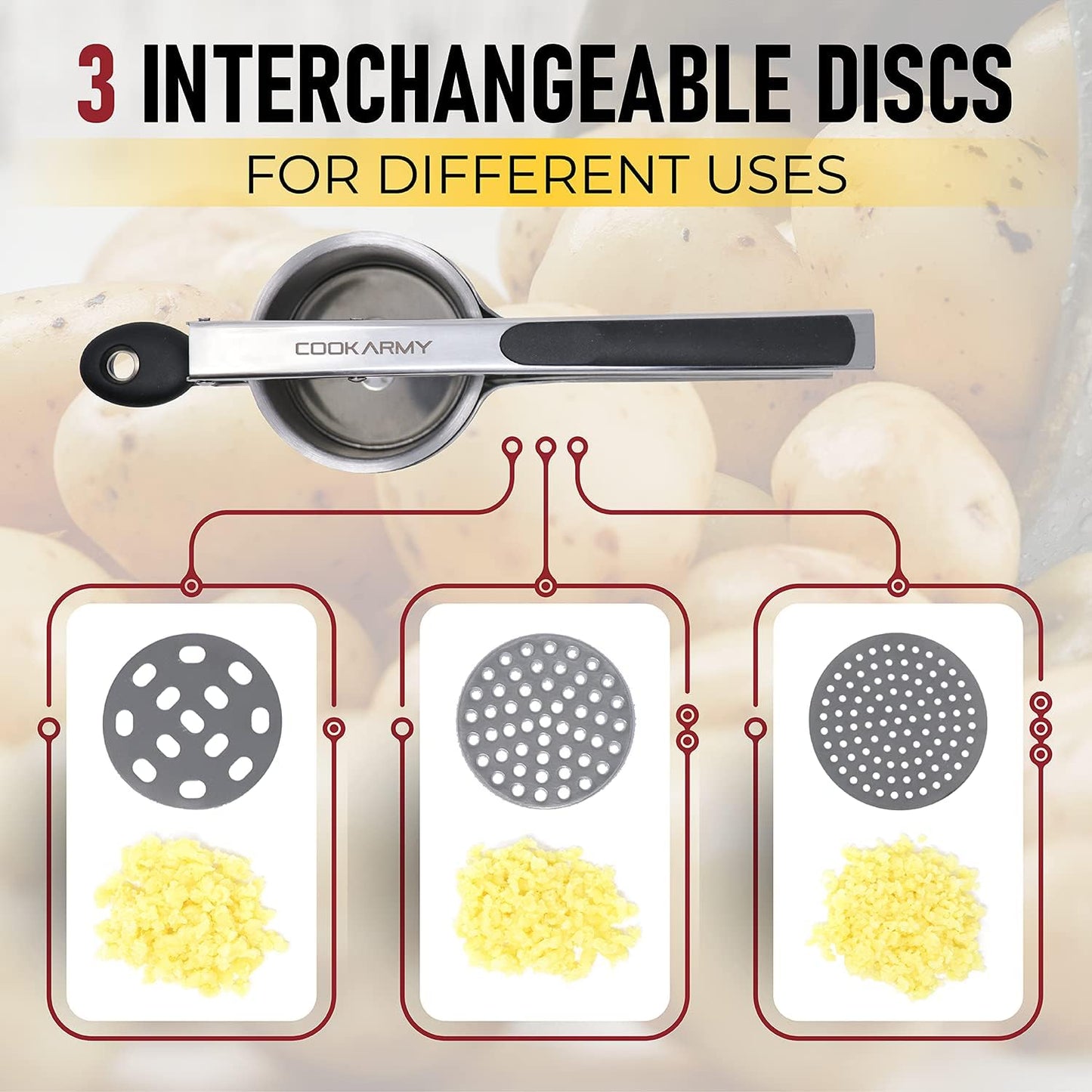 Cook Army Potato Ricer Stainless Steel - Professional 15 Oz Potato Masher Kitchen Tool with 3 Interchangeable Discs, & 3 in-1 Veggie Potato Peeler Gadget. Make Perfect Mashed Potatoes Every Time