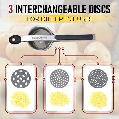 Cook Army Potato Ricer Stainless Steel - Professional 15 Oz Potato Masher Kitchen Tool with 3 Interchangeable Discs, & 3 in-1 Veggie Potato Peeler Gadget. Make Perfect Mashed Potatoes Every Time