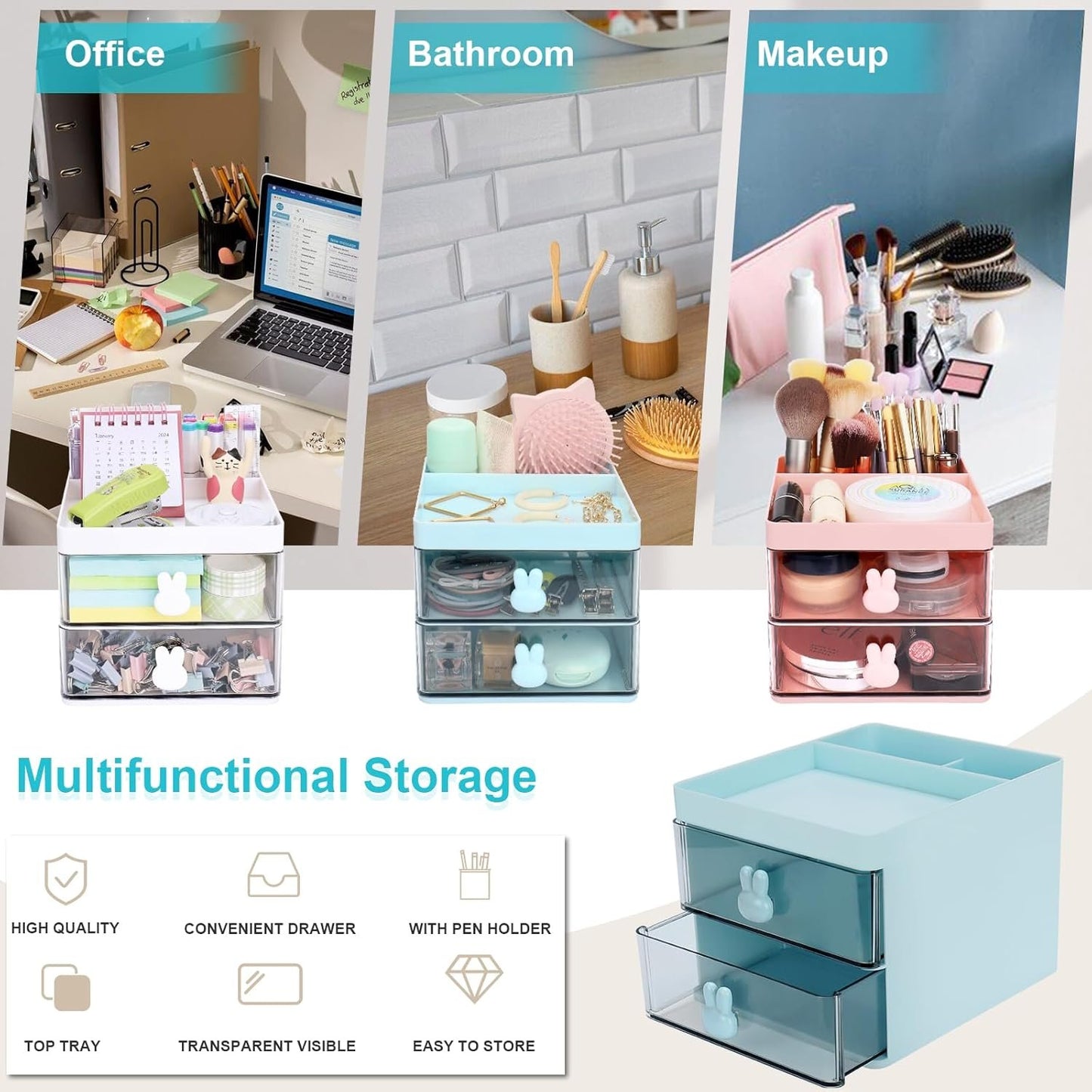 Meiikun Desk Organizer with 2 Drawers, 2 Compartments & a Top Tray, Small Desktop Organizers, Cute Makeup Brush Holder, Office Accessories Home Organization for Women, 13 cm x 15 cm x 11.5 cm (Blue)