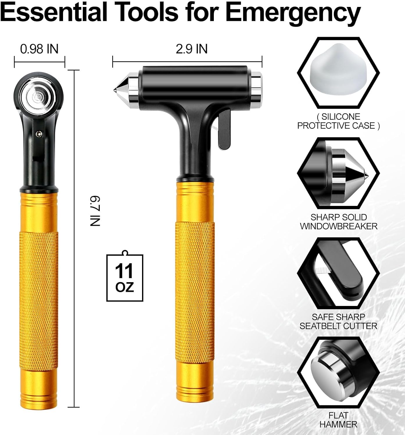Premium Car Safety Hammer - Emergency Escape Tool with Car Window Breaker and Seat Belt Cutter, Life Saving Survival Kit with Heavy Carbon Steel Points and Hardened Sharp (Yellow)