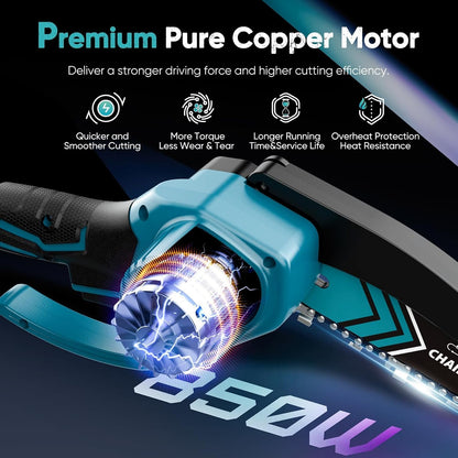 Mini Chainsaw Cordless 6 Inch, Battery Powered Chainsaw with LED Light, Safety Lock, Copper Motor, 21V Rechargeable Battery, Tool-Free Installation for Tree Trimming & Wood Cutting