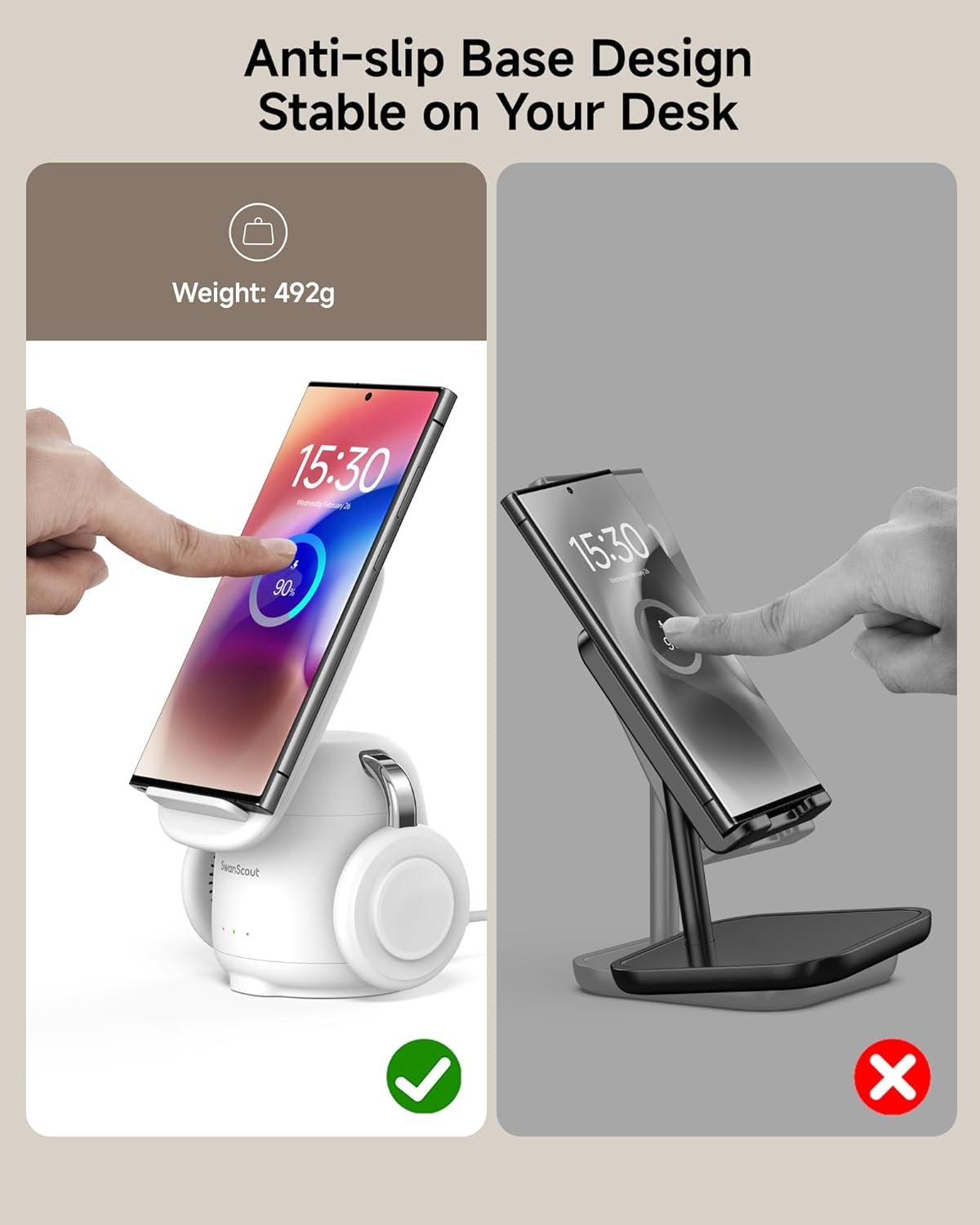SwanScout Wireless Charger for Samsung, 3 in 1 Charging Station for Samsung S25 Ultra/S24/S23/Z Flip 6/Z Fold 6, Watch Charger for Galaxy Watch 7/Ultra/6/5, Galaxy Buds 3/Pro, 707S (No Adapter)