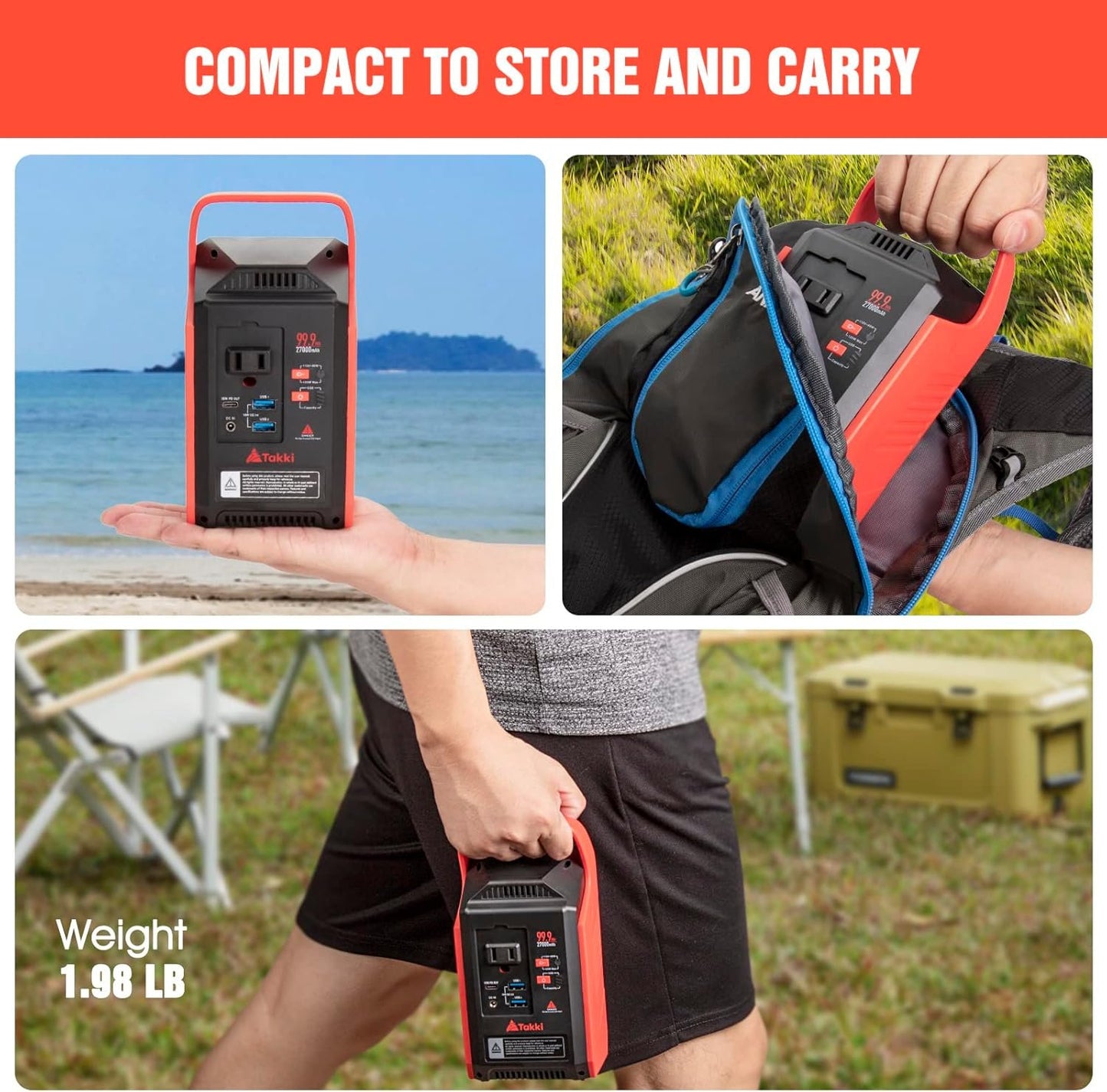 Takki Power Bank 99Wh with Camping Gear Lights 110V AC Outlet Battery Backup for Camping Home Laptop Road Trip Emergency Hurricane Supplies