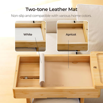 Wealone Mini Couch Arm Table for Narrow Armrest, Bamboo Sofa Arm Tray with Storage Box, Rotating Tabletop & Phone Stand, Adjustable Sofa Arm Table Clip for Snacks or Dining, Width of Armrest 1-7 Inch