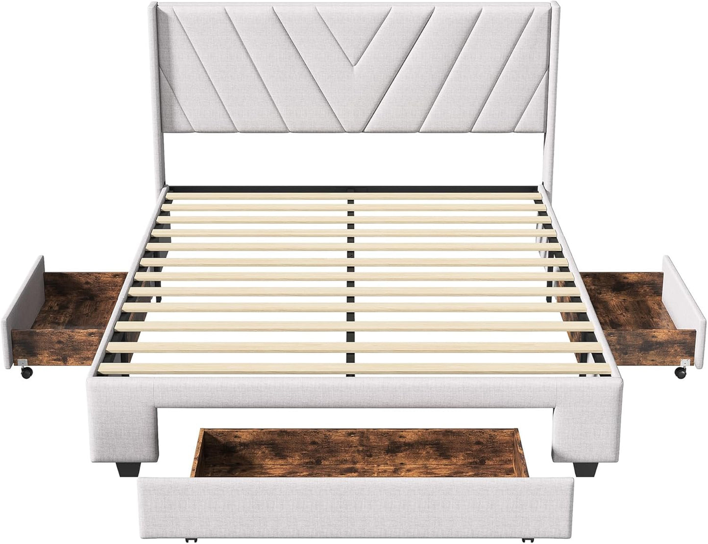 BRILVERDE Upholstered Bed, 160 x 200 cm, Double Bed with 3 Drawers, Solid Wood Bed with Headboard, Junior Bed, No Mattress, Beige (160 x 200 cm)