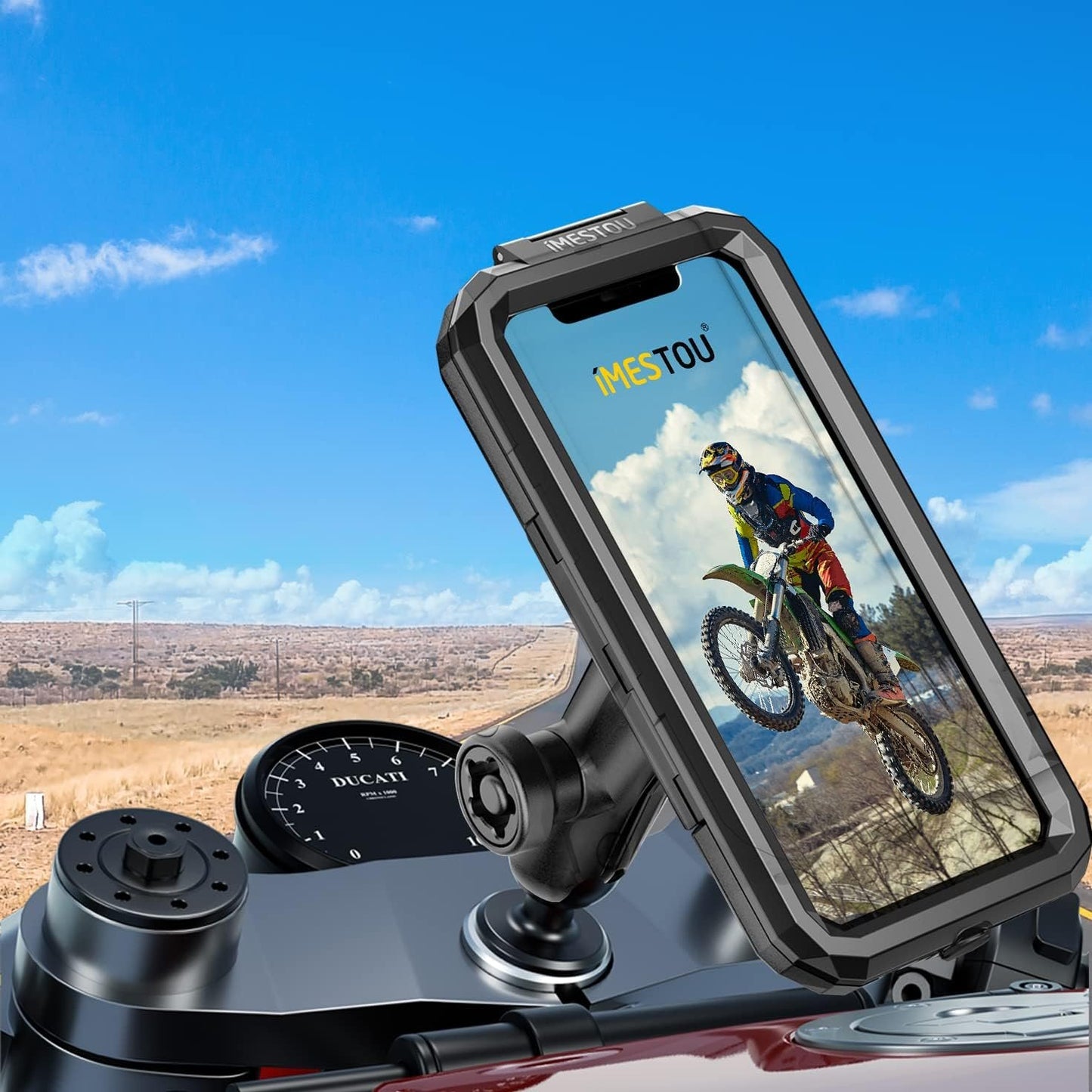 iMESTOU Waterproof Phone Holder for Motorcycle Fork Stems Anti-Theft Double Arm Socket B Aluminum Ball Base 720° Rotation for 3.5"-6.1" Smartphone (S)