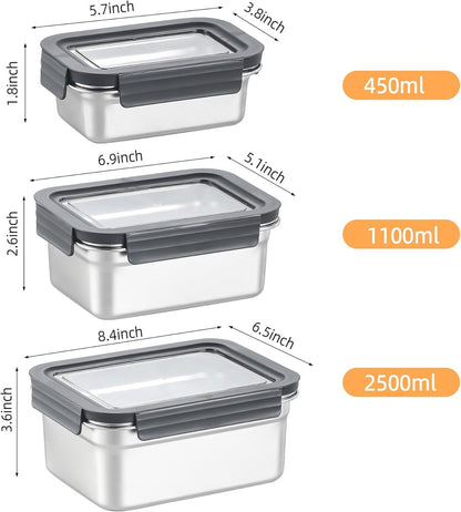Misichao Stainless Steel Food Storage Containers with Lids - Stackable Meal Prep Food Containers for Kitchen & Pantry, Leakproof, Reusable Metal Bento Lunch Box (450ml+1100ml+2500ml)
