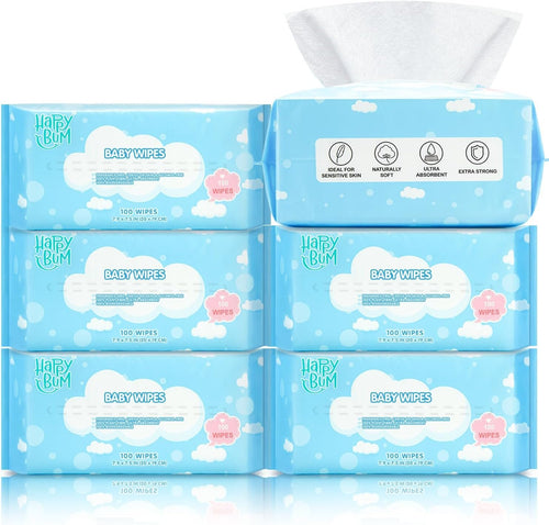 HAPPY BUM Dry Wipes - Dry Baby Wipes, 100% Cotton Baby Wipes, Unscented Cotton Tissues for Sensitive Skin, 600 Count
