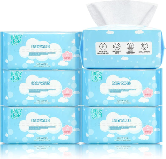 HAPPY BUM Dry Wipes - Dry Baby Wipes, 100% Cotton Baby Wipes, Unscented Cotton Tissues for Sensitive Skin, 600 Count