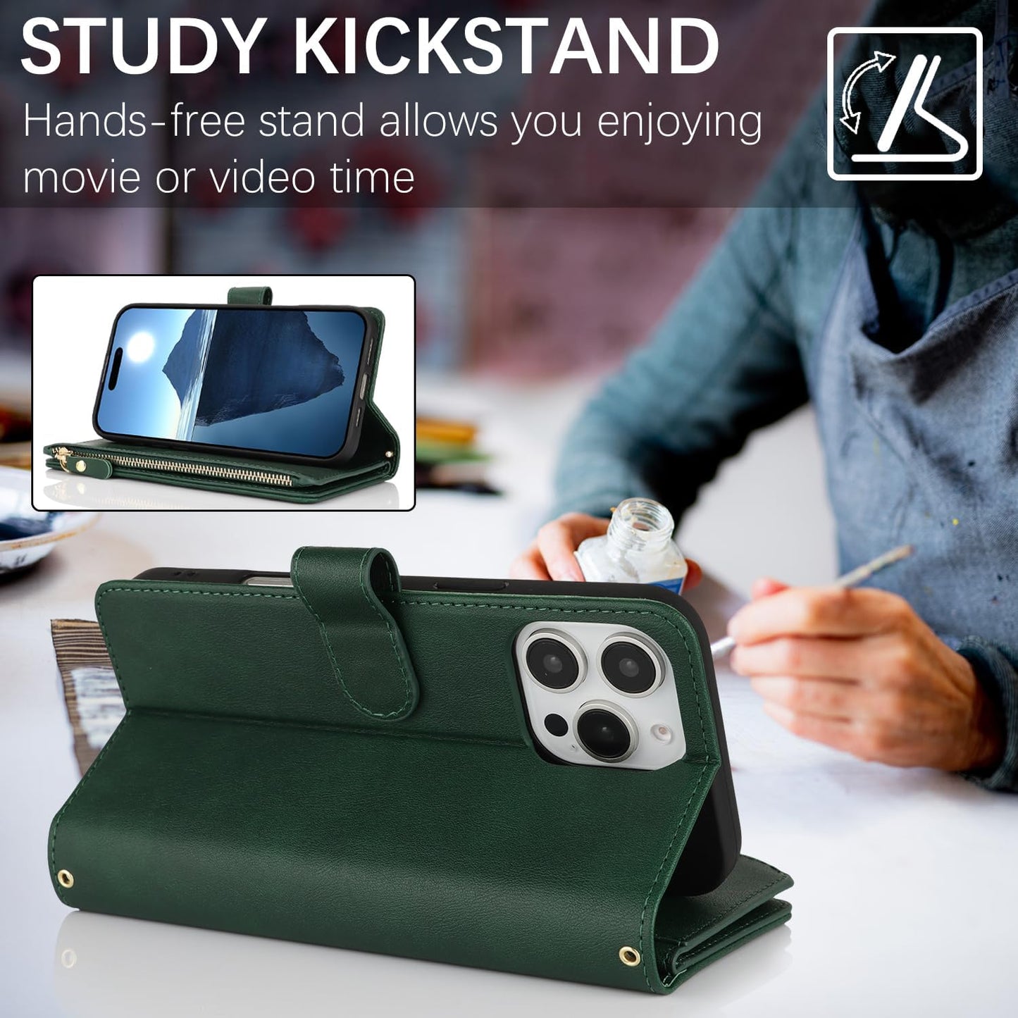 Cavor for iPhone 16 Pro Max Case 6.9 inch PU Leather Folio Flip Wallet Back Cover Magnetic Case with Long Shoulder Lanyard Zipper Coin Purse 9 Card Holder Kickstand Wristlet Strap-Green