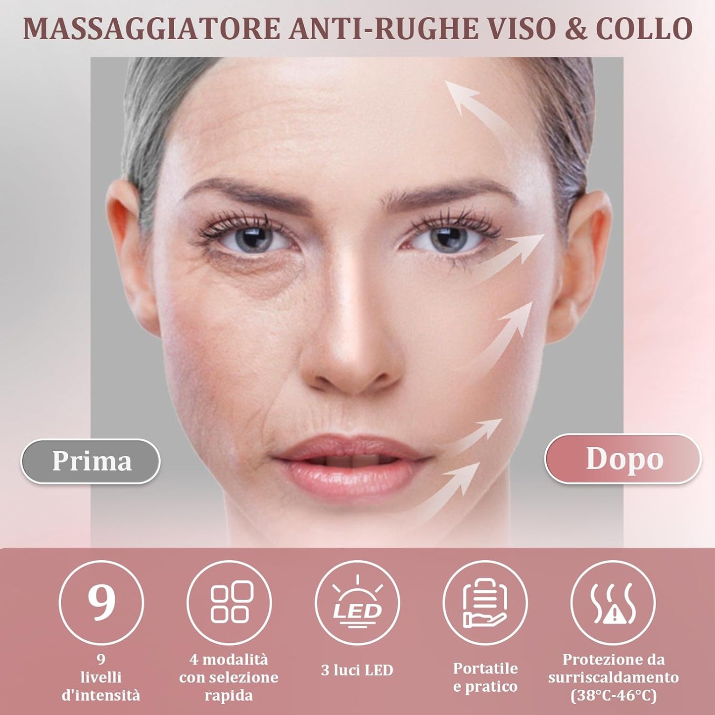 Electric Anti-Wrinkle Face Massager: Face and Neck Massage with 9 Adjustable Levels and 4 Modes – Beauty Device at 45 °C EMS Microcurrent with 3 LED Colours – GuaSha Face Massager for Women