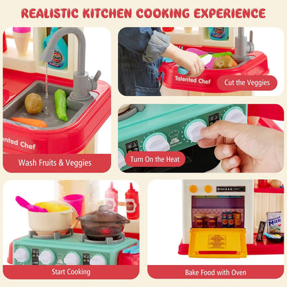 HONEY JOY Kids Play Kitchen, 65PCS Pretend Kitchen Play Toy Accessories Set w/Play Sink, Realistic Lights Sounds, Steam Simulation, Cooking Play Kitchen Playset w/Water Circulation for Children (Pink)