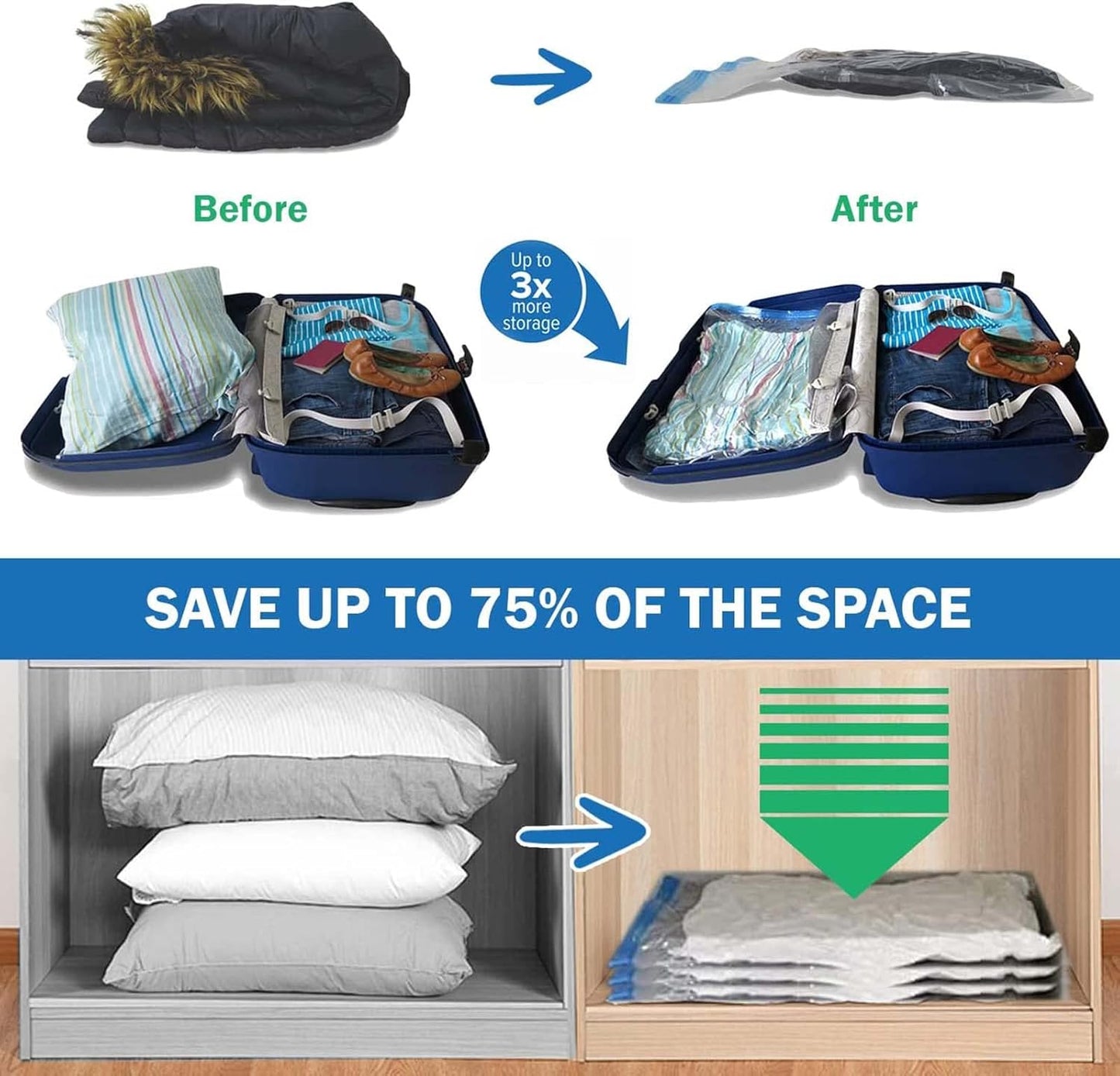 DAWNTREES 6 Pack Travel Space Saver Bags Vacuum Storage, 50x70cm,Compression Packing Cubes，Sealer Bag Roll-up Compression Storage No Vacuum Needed and Packing Organizers for Travel
