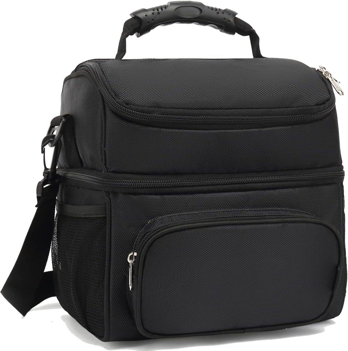 FlowFly Insulated Lunch Bag Adult Lunch Box Large Tote Double Layer Cooler for Men, Women, with Adjustable Strap,Front Pocket and Mesh Side Pockets,Black