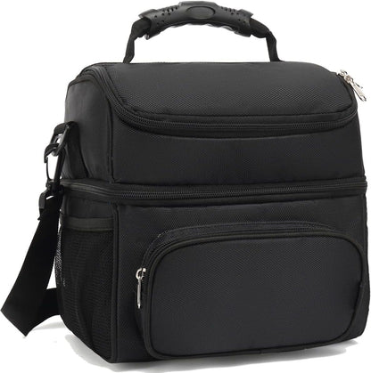 FlowFly Insulated Lunch Bag Adult Lunch Box Large Tote Double Layer Cooler for Men, Women, with Adjustable Strap,Front Pocket and Mesh Side Pockets,Black