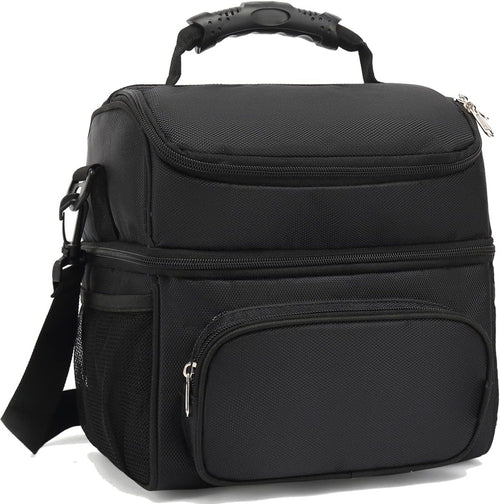 FlowFly Insulated Lunch Bag Adult Lunch Box Large Tote Double Layer Cooler for Men, Women, with Adjustable Strap,Front Pocket and Mesh Side Pockets,Black