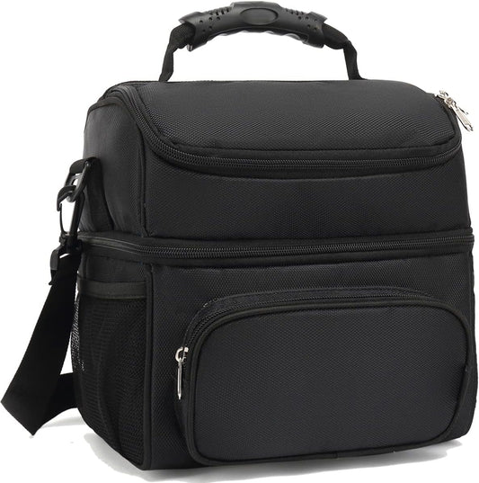 FlowFly Insulated Lunch Bag Adult Lunch Box Large Tote Double Layer Cooler for Men, Women, with Adjustable Strap,Front Pocket and Mesh Side Pockets,Black