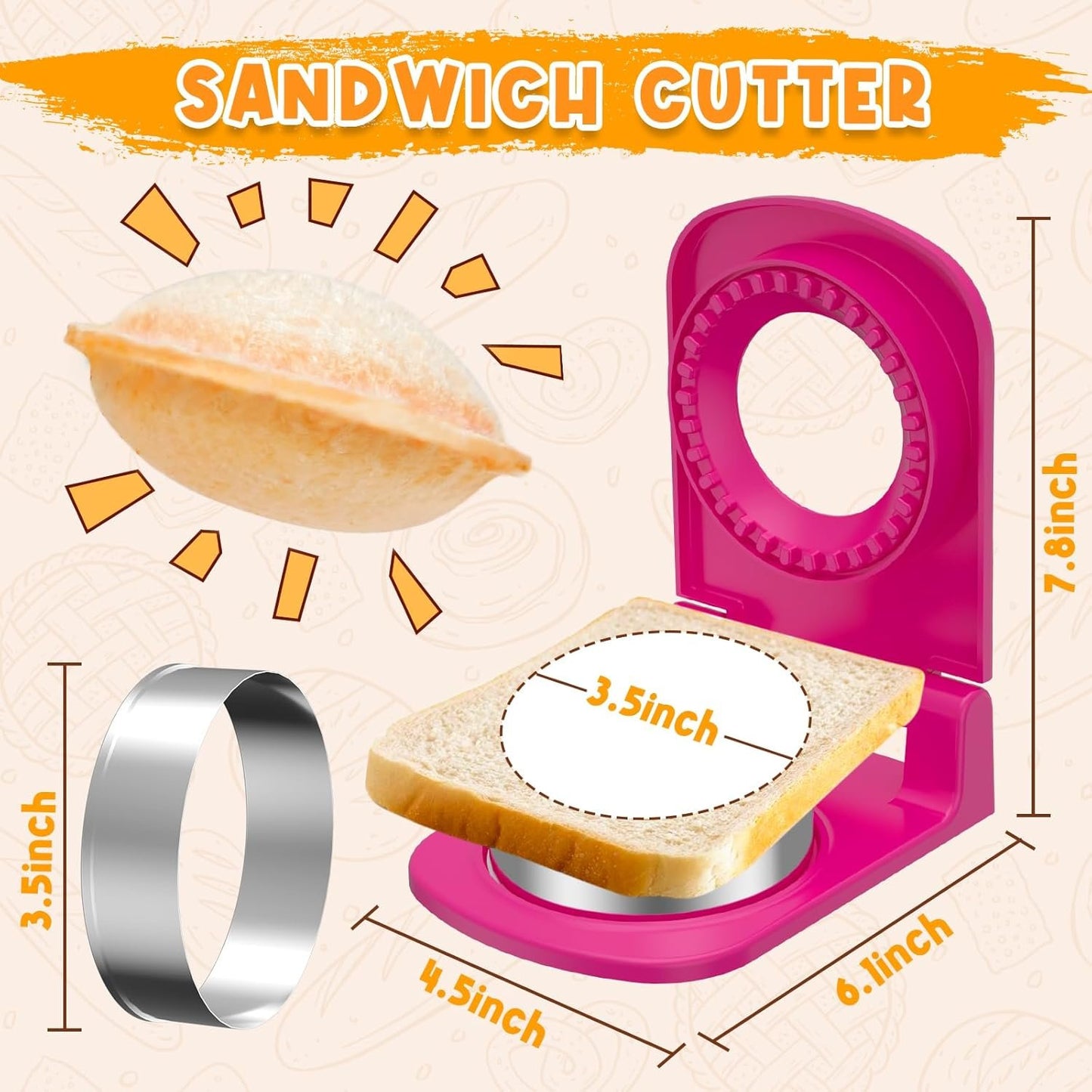 Metal Sandwich Cutter and Sealer Round Sandwich Cutters for Great Perfectly Sealed Sandwiches, Lunch Box Snacks & Party Food Prep (Pink)