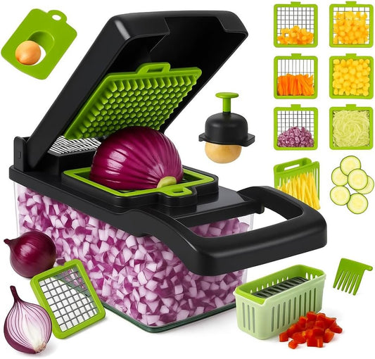 14-in-1 Vegetable Chopper, Mandoline Slicer and Food Processor - Kitchen Essentials for Effortless Food Prep - Includes Salad Spinner, Cheese Grater, Onion Chopper, French Fry Cutter, and More