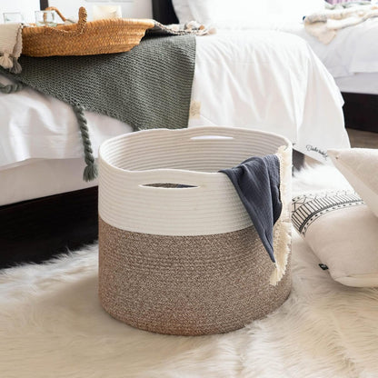 INDRESSME Large Cotton Rope Storage Basket - Woven Blanket Basket in Living Room Pillows Storage Bins with Handles for Toys Plant Basket Home Decor Warm Mix Brown White, 15.8"x15.8"x13.8"