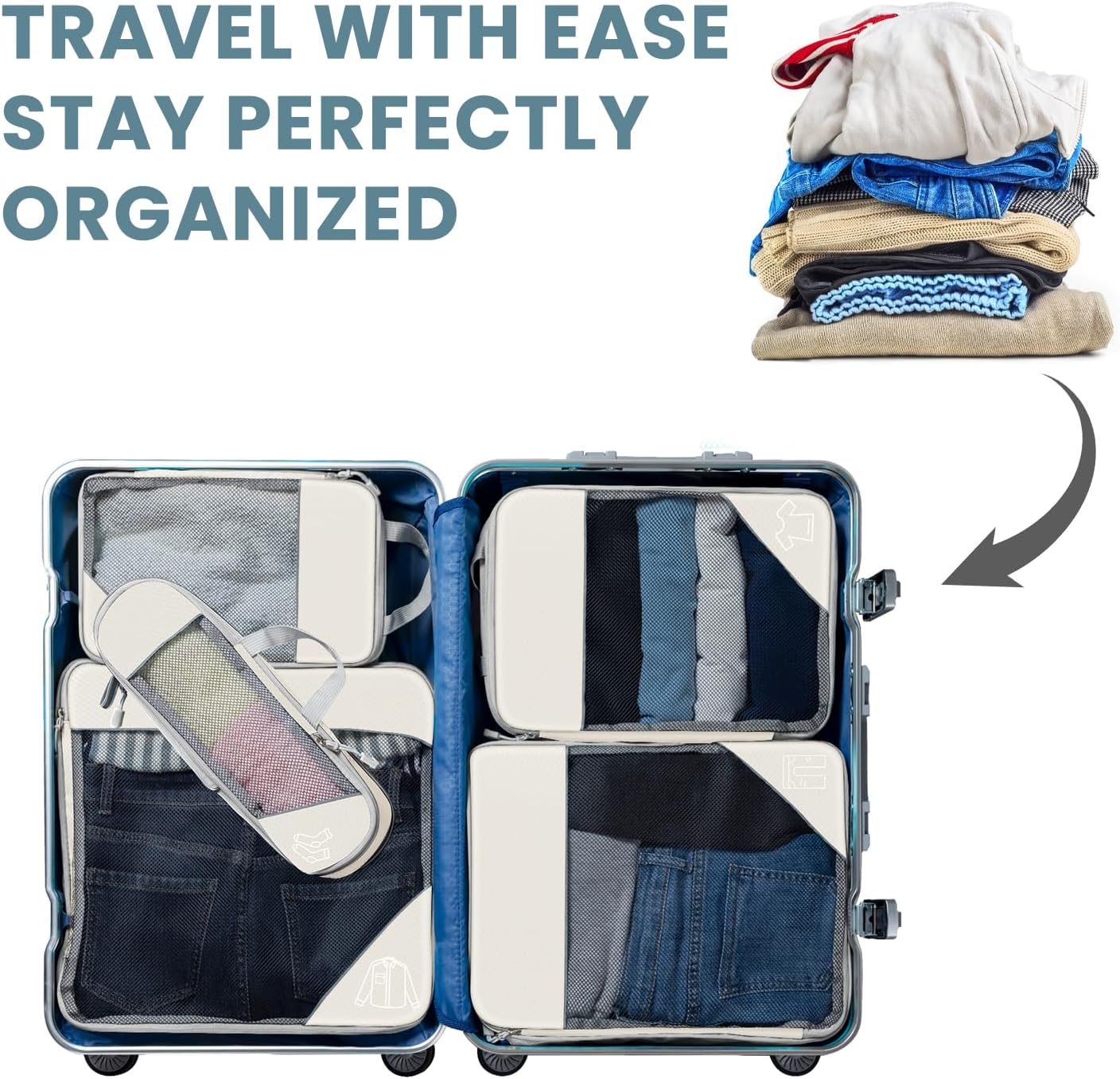 6 Set Ultralight Compression Packing Cubes Packing Organizer with Shoe Bag for Travel Accessories Luggage Suitcase Backpack Travel Accessories Cream
