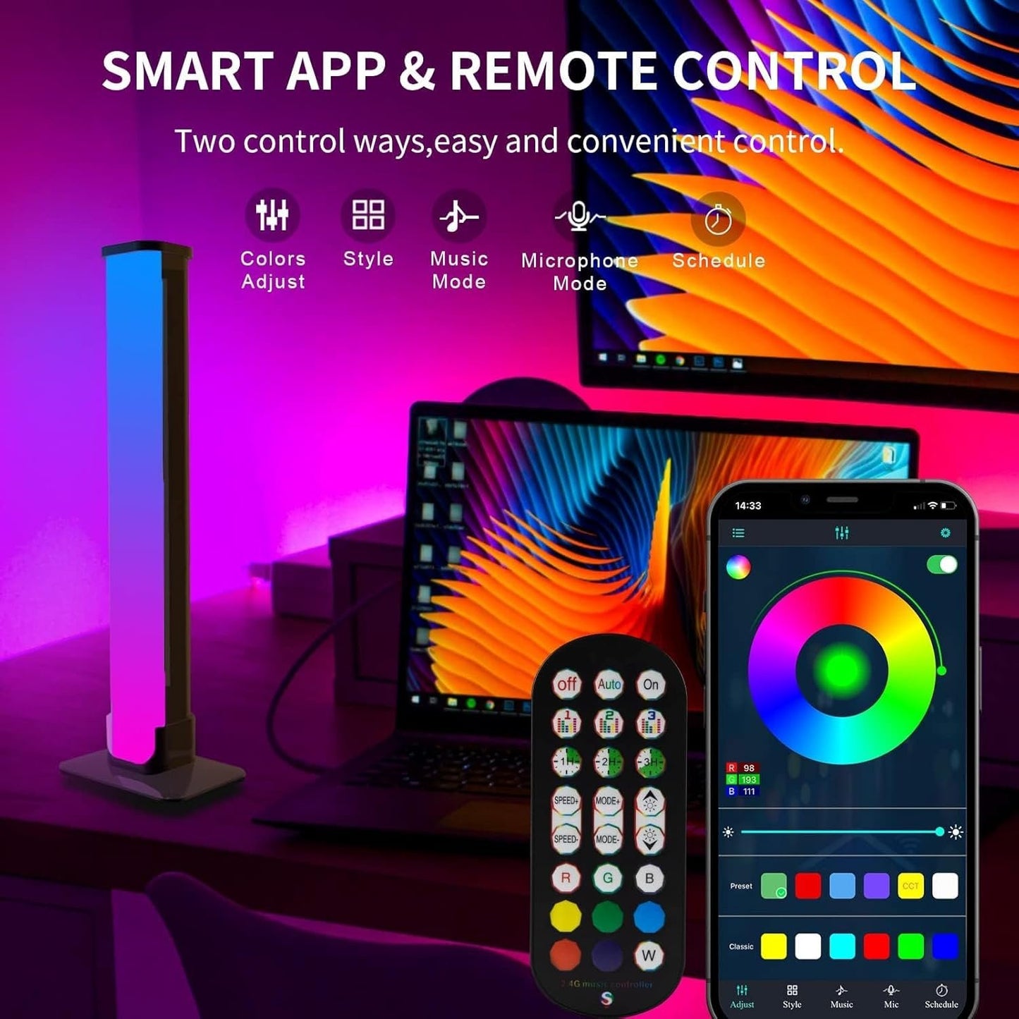 Smart LED Light Bar, 2Pack RGB Smart LED Light Bars with 46 Scene and Music Modes, Gaming Lights That Sync with TV Backlight, LEDs RGB Ambient Color Changing Lighting for Gaming, Bedroom (10inches)