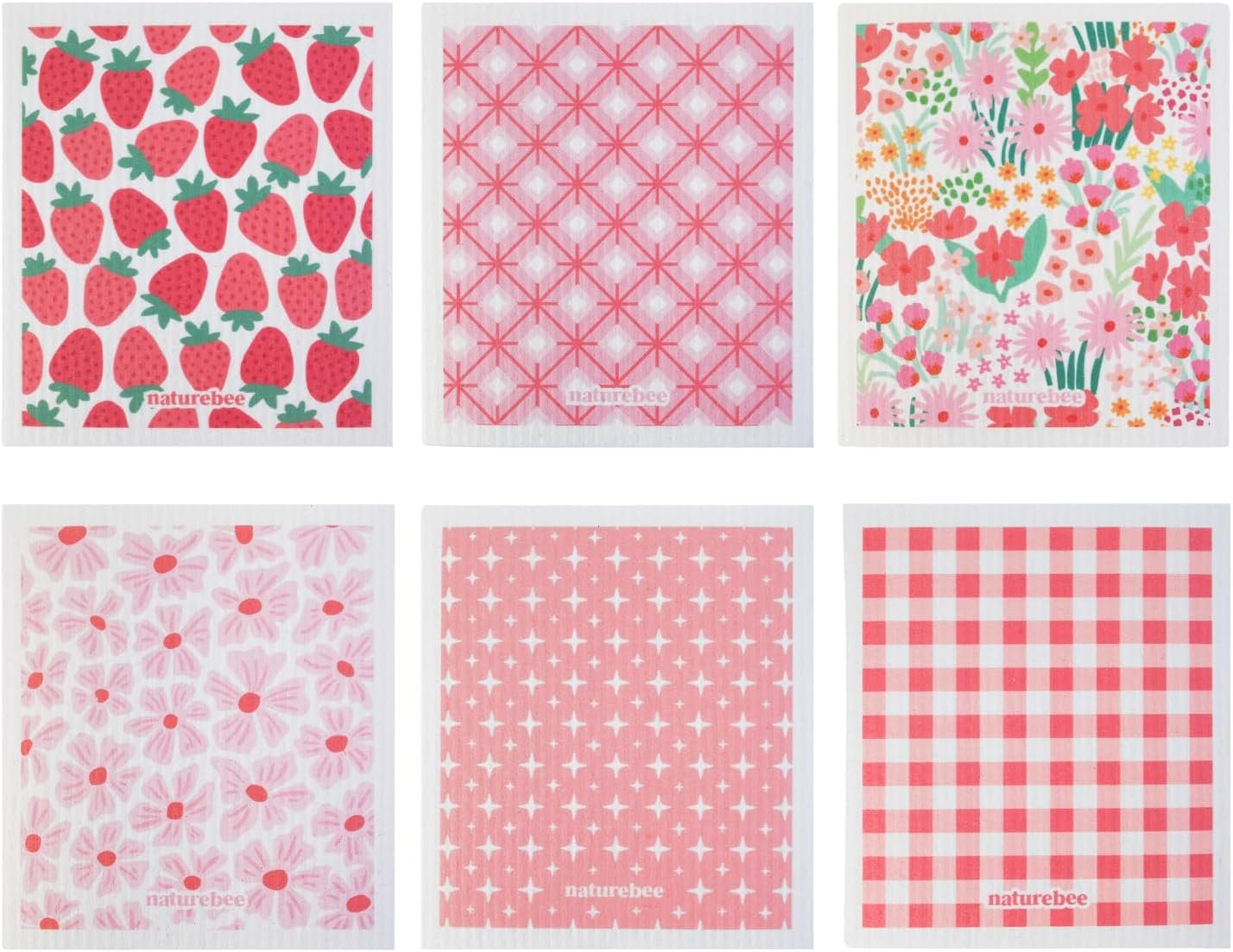 Pink Swedish Sponge Dishcloth Pack of 6 - Reusable, Washable, Odor & Scratch Free, Made with Wood Cellulose & Cotton, Multi-Use for Dishes & Counters, Replaces 17 Rolls of Paper Towel