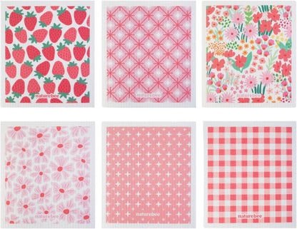 Pink Swedish Sponge Dishcloth Pack of 6 - Reusable, Washable, Odor & Scratch Free, Made with Wood Cellulose & Cotton, Multi-Use for Dishes & Counters, Replaces 17 Rolls of Paper Towel