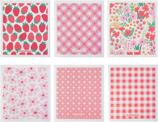 Pink Swedish Sponge Dishcloth Pack of 6 - Reusable, Washable, Odor & Scratch Free, Made with Wood Cellulose & Cotton, Multi-Use for Dishes & Counters, Replaces 17 Rolls of Paper Towel