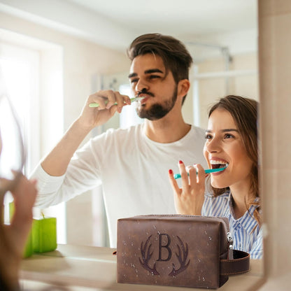 Aganmi Personalized Travel Toiletry Bag for Men Initial Letter PU Leather Waterproof Shaving Bag for Toiletries Accessories Travel Essentials Storage Bags Fathers Day Birthday Gifts for Men, Dark