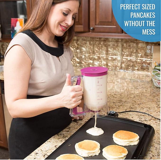 KPKitchen Pancake Batter Dispenser - Kitchen Must Have Tool for Perfect Pancakes, Cupcake, Waffle, Muffin Mix, Cake & Crepe - Easy Pour Baking Supplies for Griddle - Pancake Maker with Measuring Label