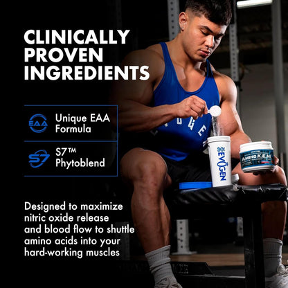 Evogen Amino KEM - Elite EAA Pump Volumizer | Supports Blood Flow, Muscle Growth, Hydration | Full Spectrum EAAs & BCAAs, S7 Nitric Oxide Blend | Blueberry Apple | 30 Servings