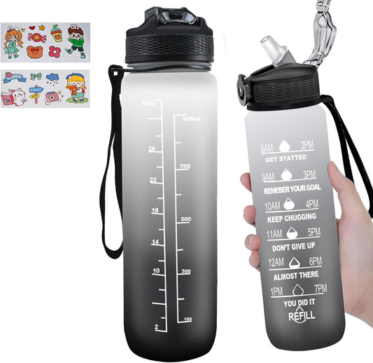 AOOABO TECH Motivational Water Bottle 1 Litre with Straw with Time Marker Leak Proof Tritan BPA Free Fitness School Gym Outdoor Sports (Black+Grey)