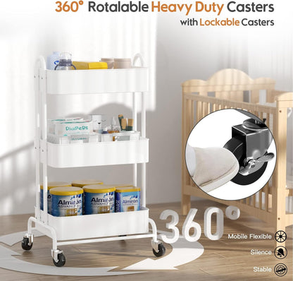 Ceayell 3-Tier Metal Rolling Storage Cart Heavy Duty Utility Cart Organizer with Lockable Wheels (WHT)