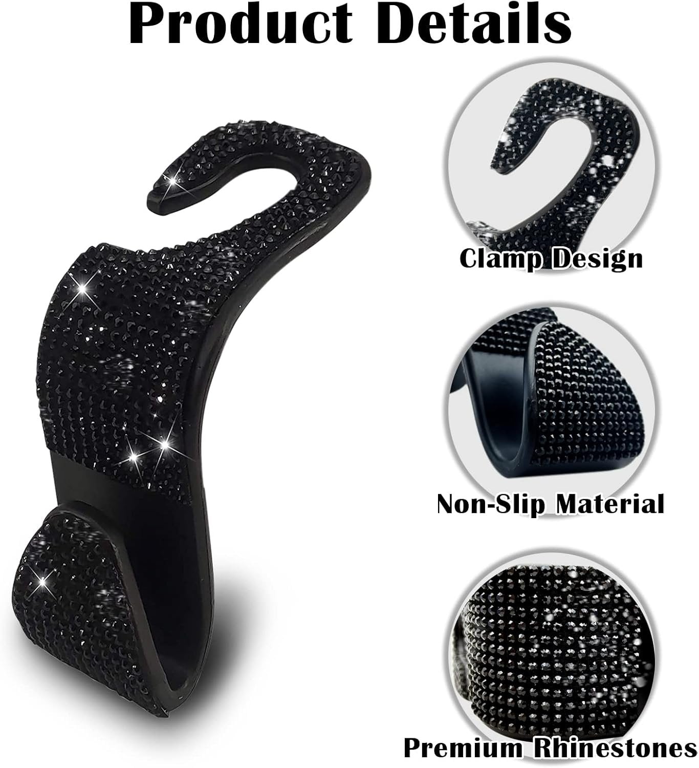 OSIFIT 4PCS Car Seat Hooks, Bling Car Rhinestone Headrest Hooks, Universal Bling Car Interior Accessories, for Handbag, Clothes, Purse, Water Bottle (Black)