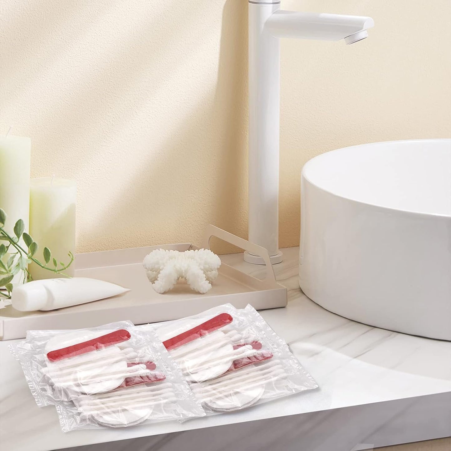HQSLsund 100 Pack Hotel Vanity Set Individually Wrapped, Bulk Hotel Amenities Kit, Hotel Hospitality Set, Hygiene Products Include Cosmetic Cotton Pads, Cotton Swabs, Nail File (Paper Sticks)