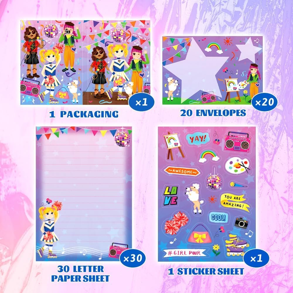 KiDEPOCH Girls Party Stationery Set - Lined Letter Writing Paper & Envelopes - 30 Sheets + 20 Envelopes, White, 8.3 x 5.9 Inch