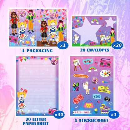 KiDEPOCH Girls Party Stationery Set - Lined Letter Writing Paper & Envelopes - 30 Sheets + 20 Envelopes, White, 8.3 x 5.9 Inch