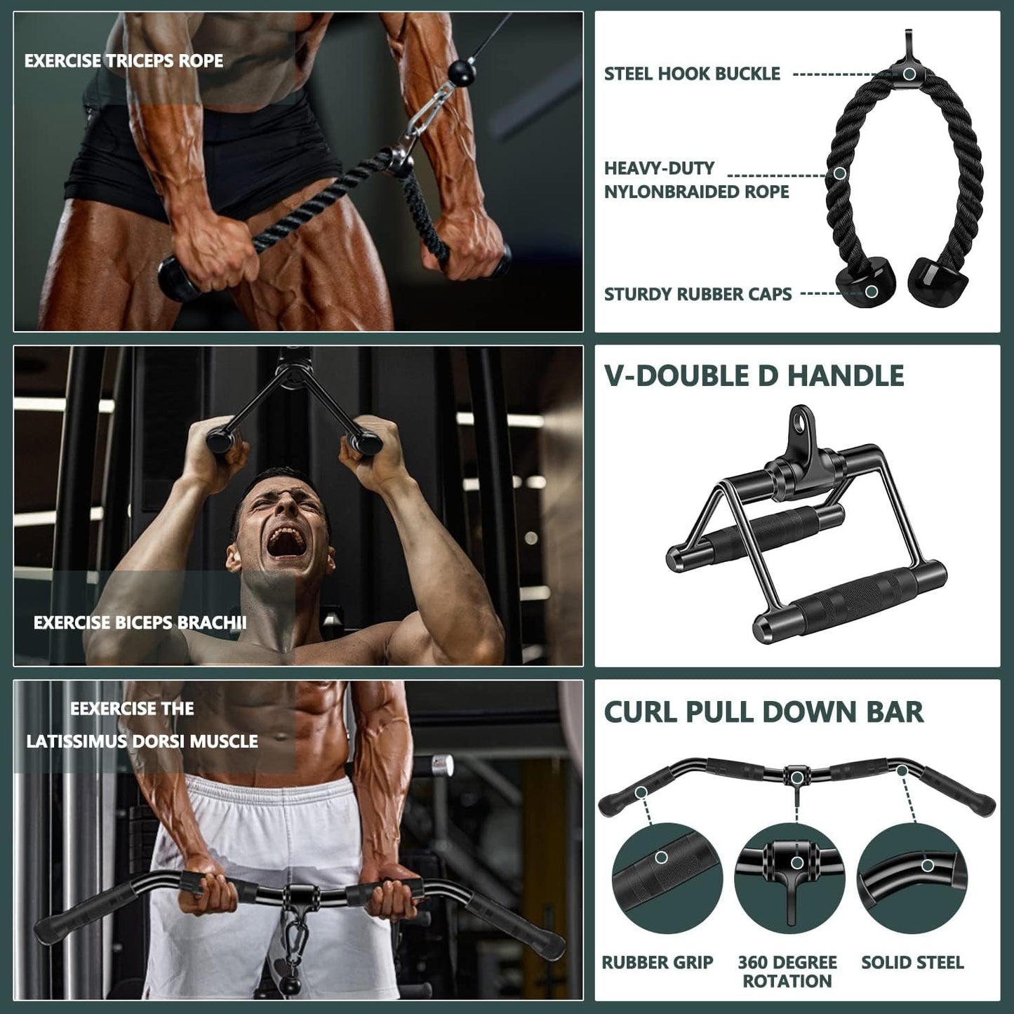 WNOEY Solid Steel Cable Machine Accessories for Home Gym, Triceps Pull Down Attachment, Cable Attachments for Gym, LAT Pull Down Attachment Weight Fitness