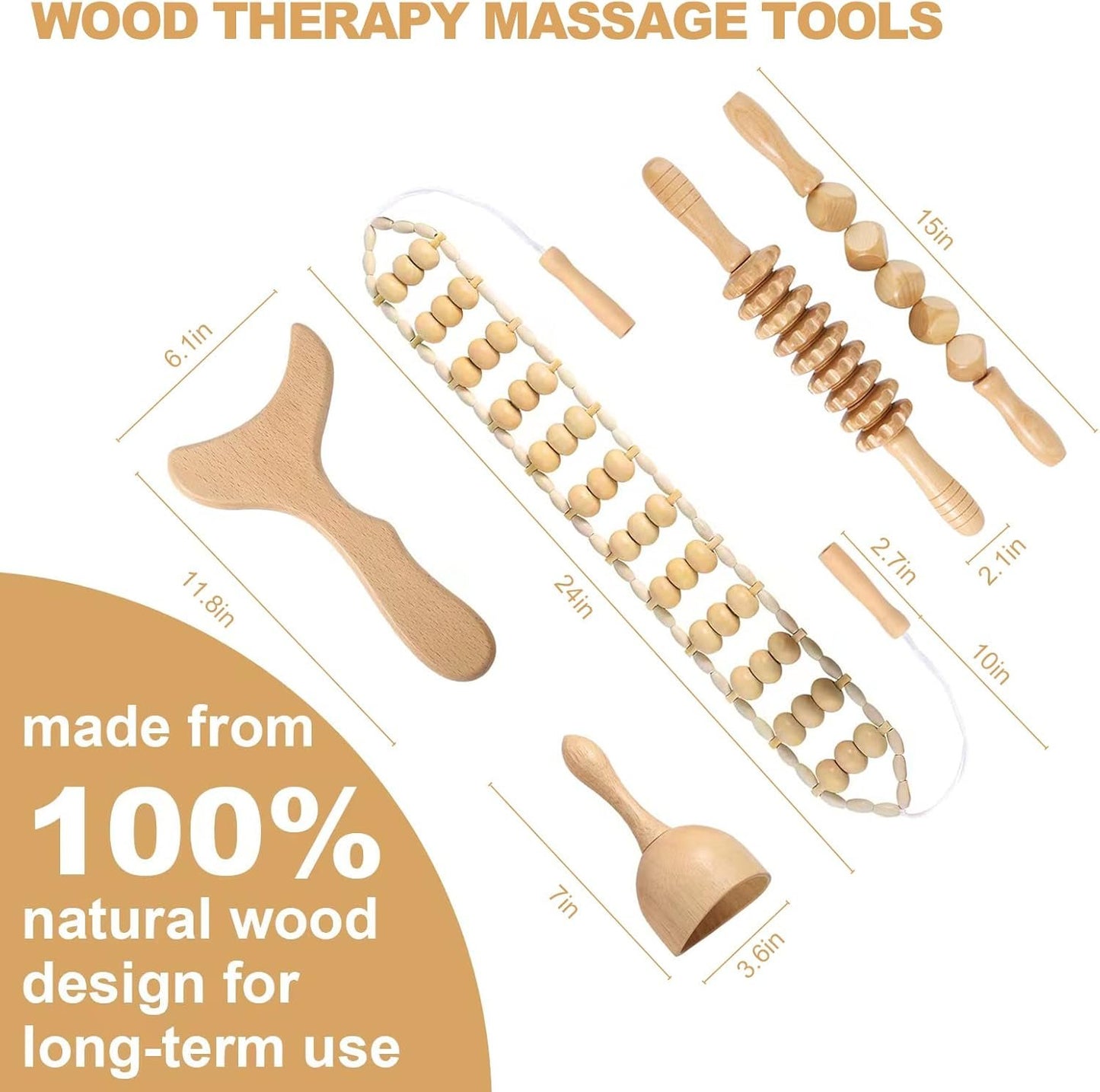 OYHMC Wood Therapy Massage Tools Professional Maderoterapia Kit Body Sculpting Tools for Lymphatic Drainage and Anti-Cellulite.Wood Massager Roller Rpoe for Back and Muscle Pain Relief (5pcs)
