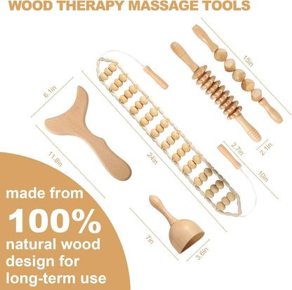 OYHMC Wood Therapy Massage Tools Professional Maderoterapia Kit Body Sculpting Tools for Lymphatic Drainage and Anti-Cellulite.Wood Massager Roller Rpoe for Back and Muscle Pain Relief (5pcs)