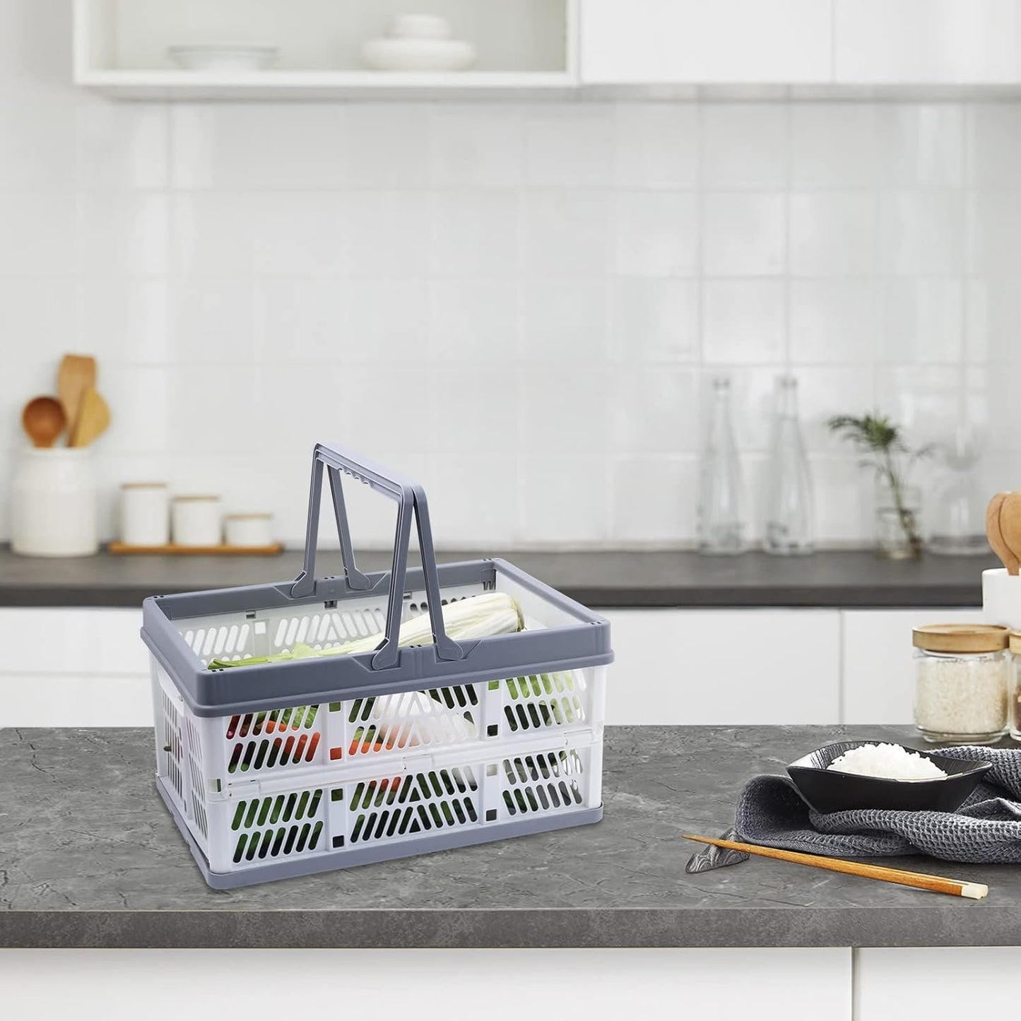 3 Pack Collapsible Storage Crates with Handles, Stackable Folding Storage Crate Plastic Shopping Baskets for Kitchen Bathroom Grocery Car Trunk (14.76 x 9.8 x 8 inches)
