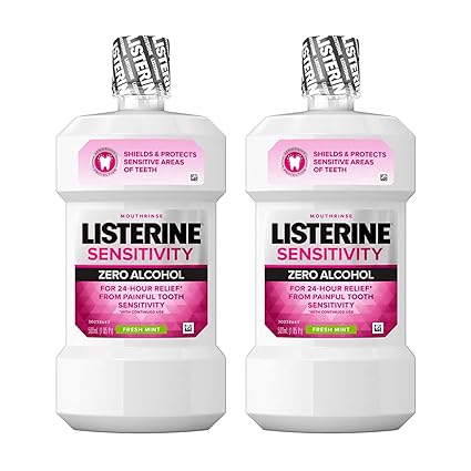 Listerine Sensitivity Alcohol Free Mouthwash, for Sensitive Teeth, Bad Breath Treatment, Oral Rinse for Adults; Fresh Mint Flavor, 500 mL, 2 Pack
