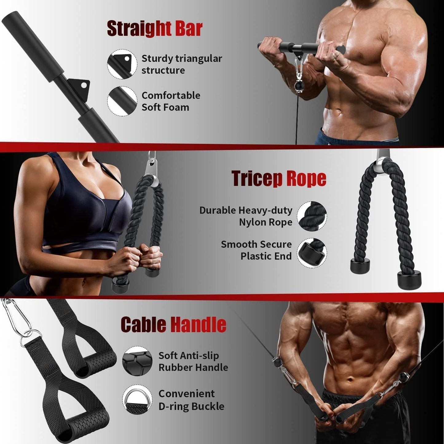 Cable Pulley System Gym, Upgraded Weight Pulley System with 3 Detachable Handles, LAT and Lift Pulley Attachments for Biceps Curl, Triceps, Chest Workout - DIY Home Gym Fitness Equipment