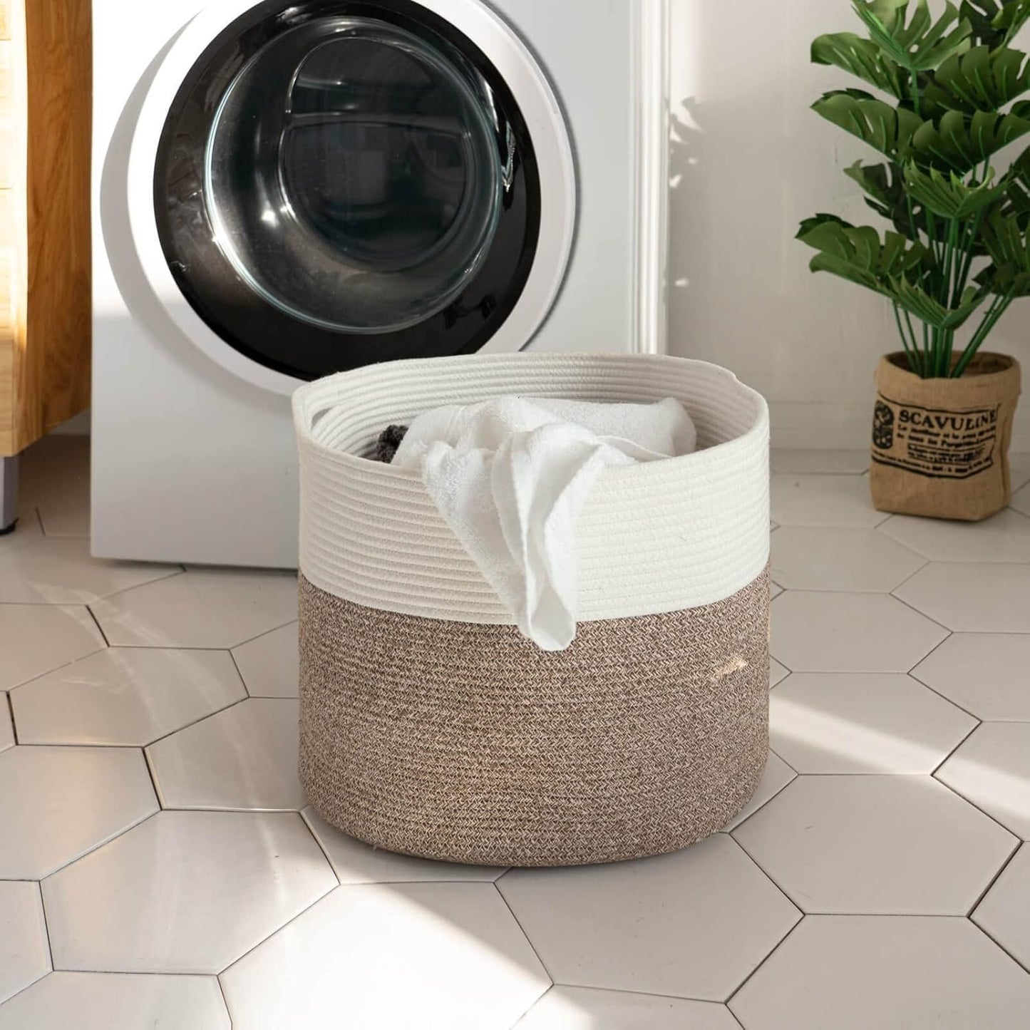INDRESSME Large Cotton Rope Storage Basket - Woven Blanket Basket in Living Room Pillows Storage Bins with Handles for Toys Plant Basket Home Decor Warm Mix Brown White, 15.8"x15.8"x13.8"