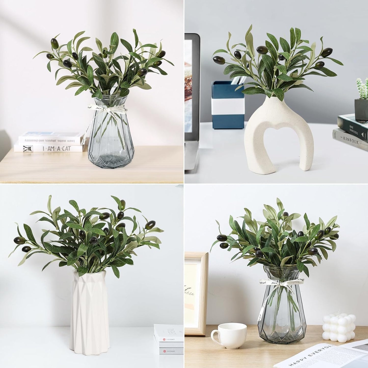 6pcs Artificial Plants Greenery Olive Branches Decor Artificial Leaves Olive Branch Fake Olive Greenery with Berry Stems Faux Branches for Vase Home Decor Table Centerpieces Festival Decoration