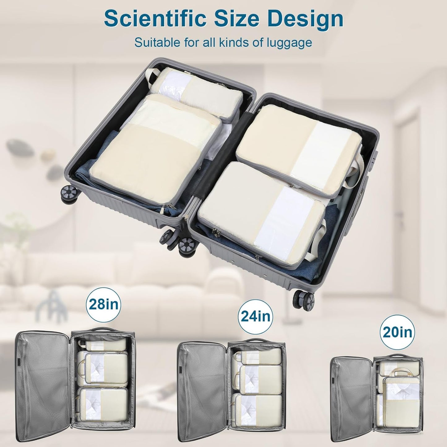 Cozary Suitcase Organizer - Packing Cubes Set with Compression and Waterproof Polyester Fabric, Travel Underwear Set for Backpacks or Hand Luggage, Perfect for Travel and Camping - Beige