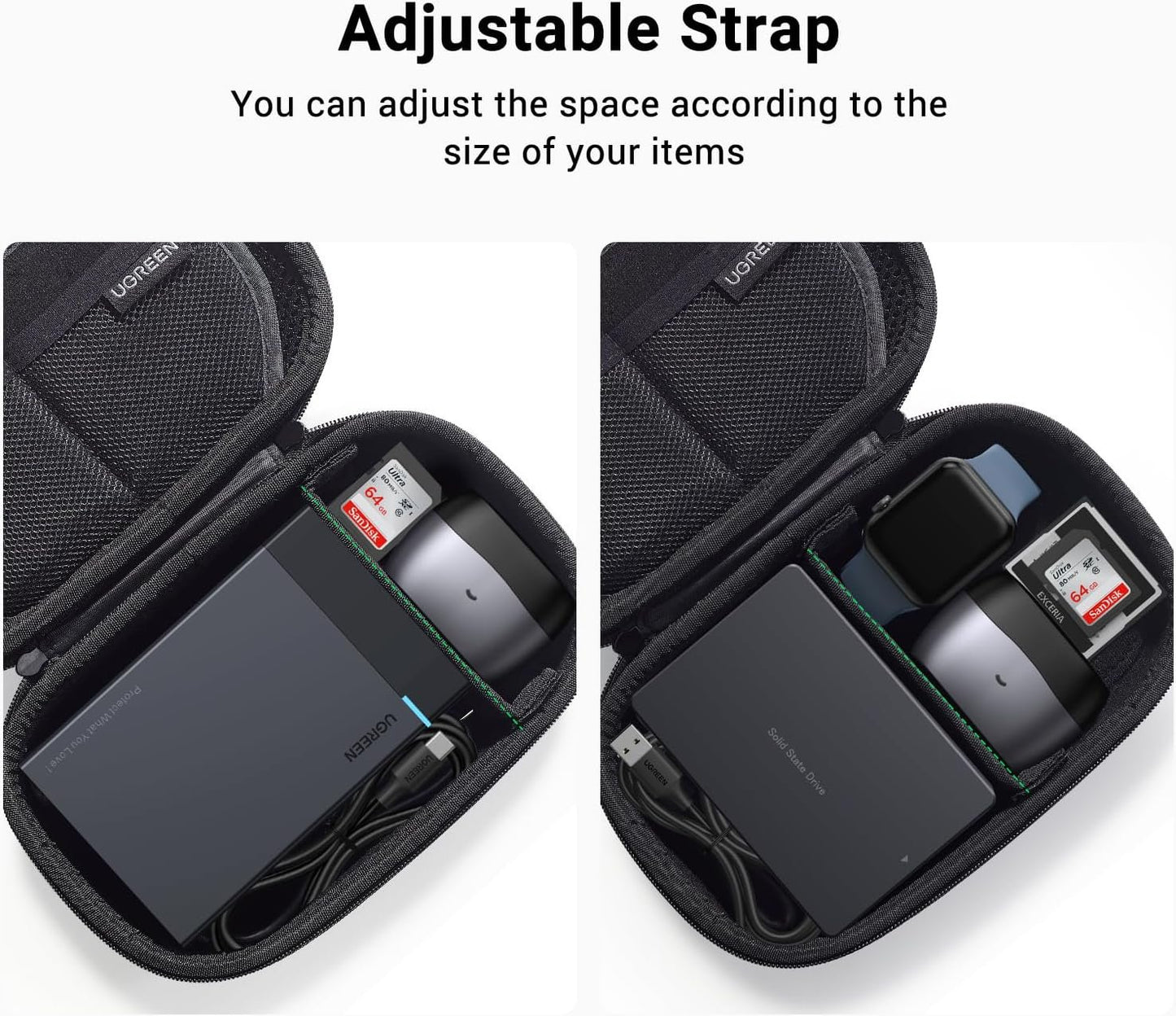 UGREEN Travel Case Gadget Bag, Portable Electronics Accessories Organiser, Cable Tidy Storage Box Pouch, with Double Layer, Zipper, Snap Hook, Carrying Strap, Small, Black