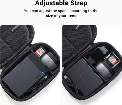 UGREEN Travel Case Gadget Bag, Portable Electronics Accessories Organiser, Cable Tidy Storage Box Pouch, with Double Layer, Zipper, Snap Hook, Carrying Strap, Small, Black