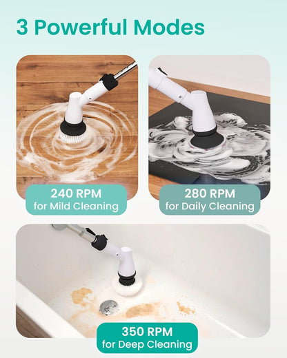 Electric Spin Scrubber Cordless - Bathroom Scrubber with 11 Replaceable Heads - Long Handle Electric Cleaning Brush